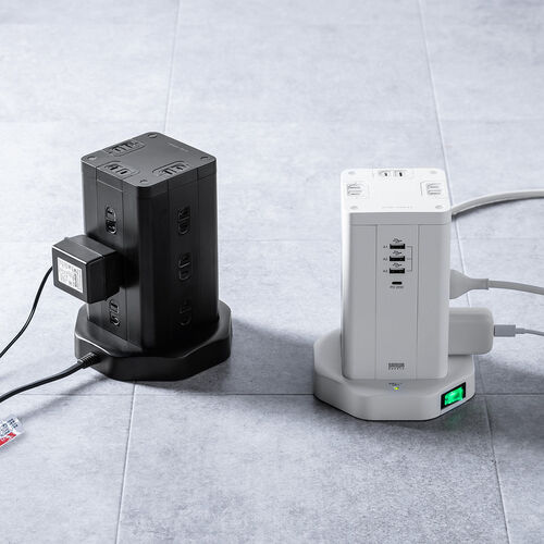電源タップ（タワー・12個口・PD 20W対応・USB-A×3ポート・USB-C ×1ポート・3m・一括スイッチ付き・スイングプラグ・USB充電・延長コード・ブラック）