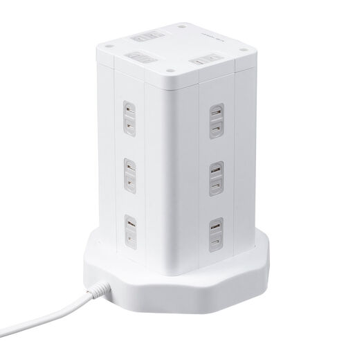 電源タップ（タワー・12個口・PD 20W対応・USB-A×3ポート・USB-C ×1ポート・3m・一括スイッチ付き・スイングプラグ・USB充電・延長コード・ホワイト）