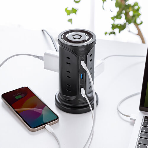 タワー型電源タップ（タワータップ・USB充電対応・タイプC搭載・12個口・2m・ブラック）