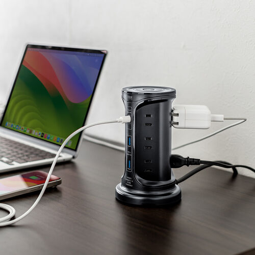 タワー型電源タップ（タワータップ・USB充電対応・タイプC搭載・12個口・2m・ブラック）