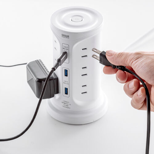 タワー型電源タップ（タワータップ・USB充電対応・タイプC搭載・12個口・2m・ホワイト）