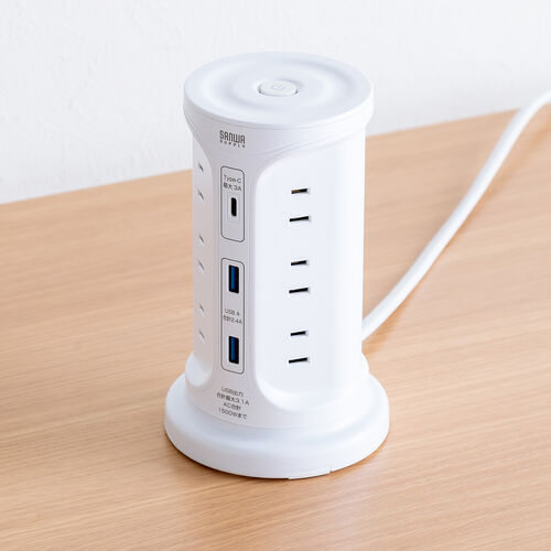 タワー型電源タップ（タワータップ・USB充電対応・タイプC搭載・12個口・2m・ホワイト）
