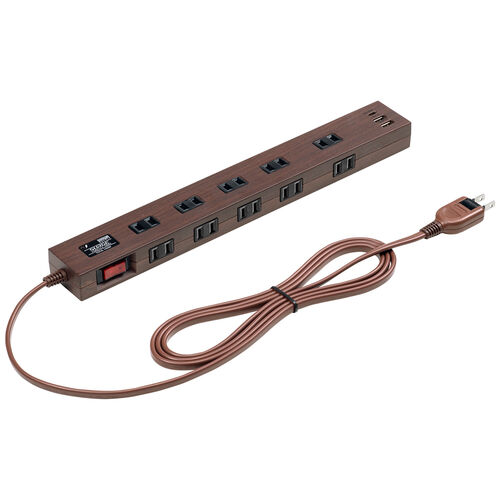 電源タップ（マグネット付・USB PD対応・10個口・一括集中スィッチ付・雷ガード・ブラウン）