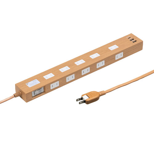 電源タップ（マグネット付・USB PD対応・10個口・一括集中スィッチ付・雷ガード・ライトブラウン）