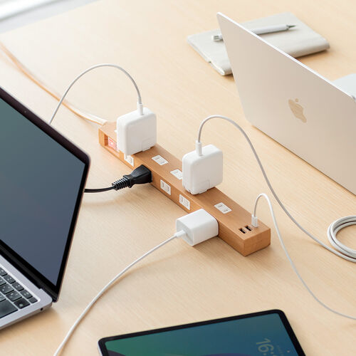 電源タップ（マグネット付・USB PD対応・10個口・一括集中スィッチ付・雷ガード・ライトブラウン）