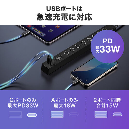 電源タップ（USB急速充電・PD33W・スリムタップ・AC8口・TypeC対応・縦横差し込み・3m・ACアダプタ対応・シンプルデザイン・マット調・スイングプラグ・ブラック）