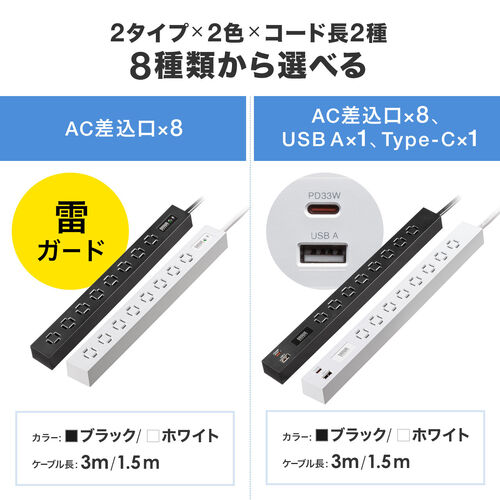 電源タップ（USB急速充電・PD33W・スリムタップ・AC8口・TypeC対応・縦横差し込み・3m・ACアダプタ対応・シンプルデザイン・マット調・スイングプラグ・ブラック）