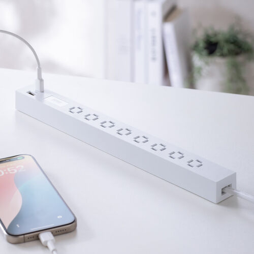 電源タップ（USB急速充電・PD33W・スリムタップ・AC8口・TypeC対応・縦横差し込み・3m・ACアダプタ対応・シンプルデザイン・マット調・スイングプラグ・ホワイト）