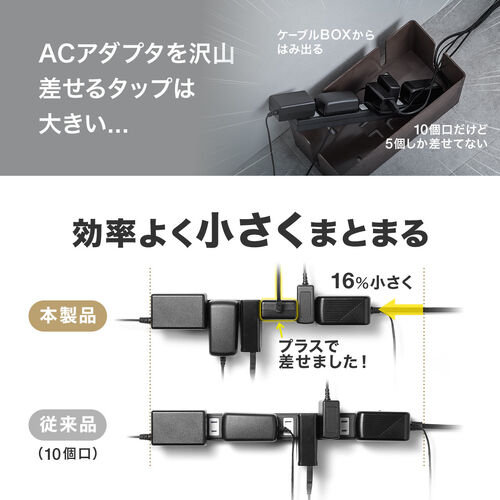 電源タップ（スリムタップ・AC8口・縦横差し込み・雷ガード・1.5m・ACアダプタ対応・シンプルデザイン・マット調・スイングプラグ・ブラック）