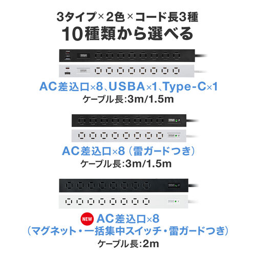 電源タップ（スリムタップ・AC8口・マグネット・雷ガード内蔵・一括集中スイッチ・縦横差し込み・車輪差し・2m・ACアダプタ対応・スイングプラグ・ブラック）