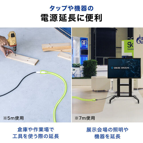 電源延長コード（7m・電源コード・延長・スイングプラグ・絶縁キャップ）