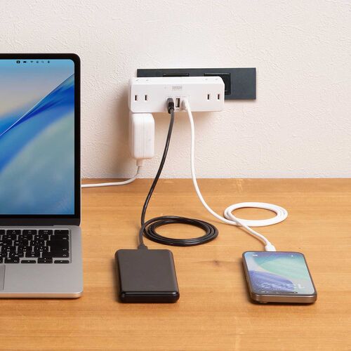 電源タップ（USB充電対応・Type-c 急速充電・20W・PD対応・9台同時接続・AC6個口・直挿し・コンパクト・小型・旅行・出張・コンセントタップ・ホワイト）