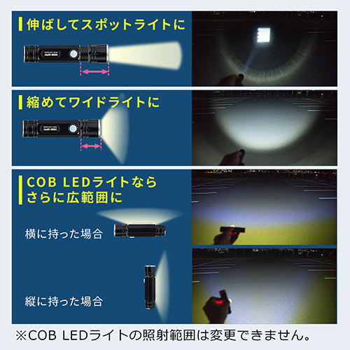 LED懐中電灯（USB充電式・防水・IPX4・最大180ルーメン・小型・ハンディライト・COBチップ・マグネット・吊り下げフック内蔵）
