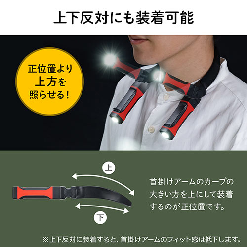 【アウトレット･訳あり・セール】首掛け式LED ネックライト（LED懐中電灯 USB充電式 防水規格IPX4 最大約120ルーメン 角度調整 マグネット）