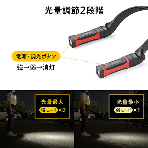 【アウトレット･訳あり・セール】首掛け式LED ネックライト（LED懐中電灯 USB充電式 防水規格IPX4 最大約120ルーメン 角度調整 マグネット）