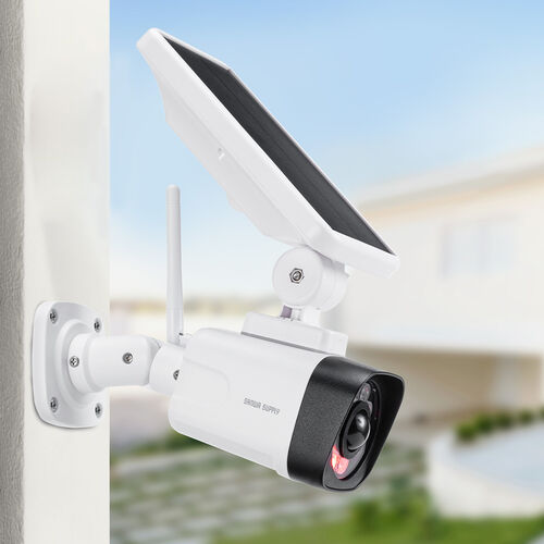 【アウトレット】センサーライト（ダミーカメラ型・人感センサー・ソーラー充電式LEDライト・屋外用・壁面設置・防水規格IPX5・800ルーメン・常夜灯モード付）