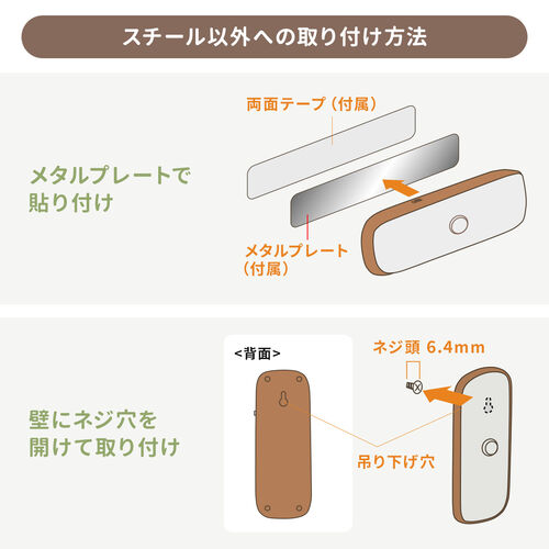 人感センサーライト（LED・マグネット・ネジ穴・メタルプレート取付け・常時点灯対応・65ルーメン・木目調） LED065BRM