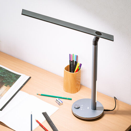 LEDデスクライト（アルミ製スタイリッシュタイプ・平面発光式・無段階調光・3段階調色・最大1000ルクス・ナイトライト付き・ガンメタ）