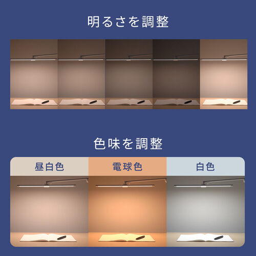 デスクライト（広範囲照射LED・調光調色・アームライト・タッチセンサー・クランプ固定・横幅45cm・ホワイト）