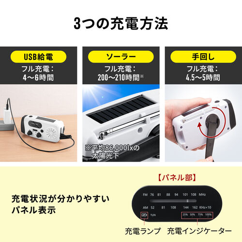 防災ラジオ（LEDライト・防災グッズ・多機能・バッテリー・大容量・4000mA・携帯ラジオ・USB充電・ソーラー充電・手回し充電・ホワイト）