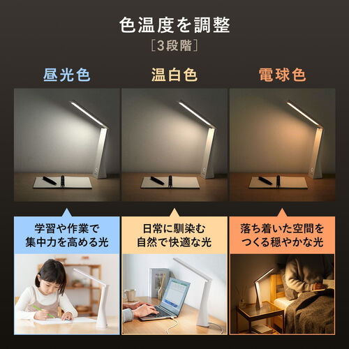 LEDデスクライト（充電式・コードレス・USB Type-C・折りたたみ・省スペース・コンパクト・卓上ライト・3段階調色・無段階調光・高演色Ra90・約13時間・ホワイト）