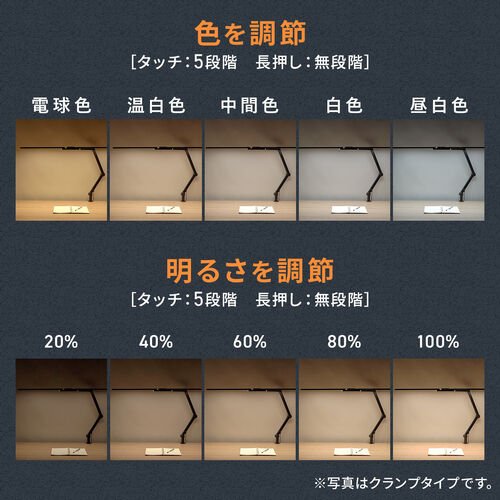 デスクライト（LEDライト・スタンド・幅95cm・多関節アーム・1650ルーメン・5段階調光・5段階調色・スタンドライト・卓上・広範囲点灯・3灯）