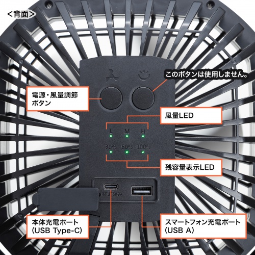 大型USB扇風機（USB充電・据え置き・マグネット・クリップ・固定・4段階風量調整・360°回転・三脚対応・6000mAh・バッテリー・法人・車内・ブラック）