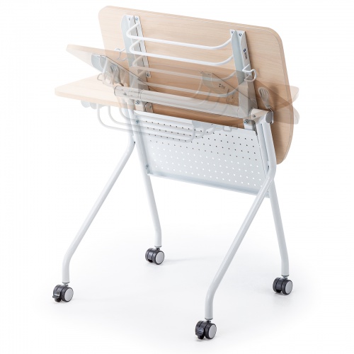 ミーティングテーブル（フォールディングデスク・アクティブラーニング・折りたたみデスク・幅73cm・幕板付き・キャスター付き・木目）