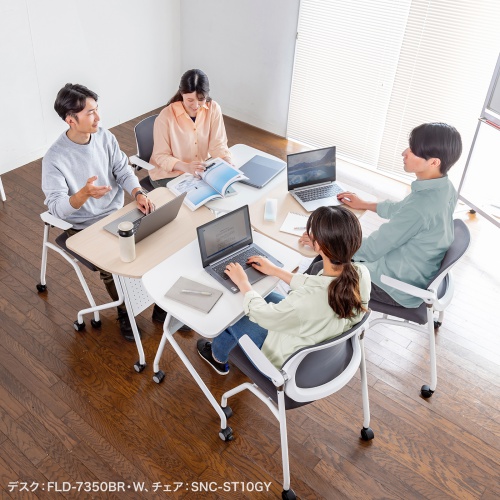 ミーティングテーブル（フォールディングデスク・アクティブラーニング・折りたたみデスク・幅73cm・幕板付き・キャスター付き・木目）