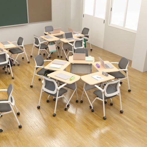 ミーティングテーブル（フォールディングデスク・アクティブラーニング・折りたたみデスク・幅73cm・幕板付き・キャスター付き・木目）