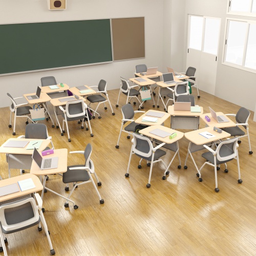 ミーティングテーブル（フォールディングデスク・アクティブラーニング・折りたたみデスク・幅73cm・幕板付き・キャスター付き・木目）