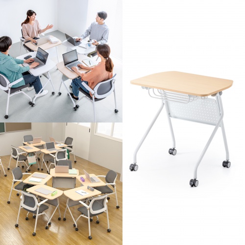 ミーティングテーブル（フォールディングデスク・アクティブラーニング・折りたたみデスク・幅73cm・幕板付き・キャスター付き・木目）
