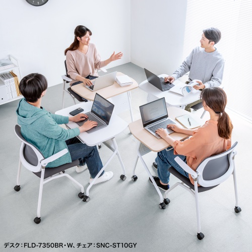ミーティングテーブル（フォールディングデスク・アクティブラーニング・折りたたみデスク・幅73cm・幕板付き・キャスター付き・ホワイト）