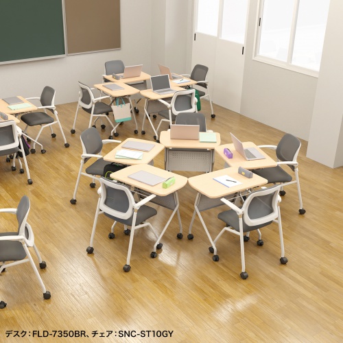 ミーティングテーブル（フォールディングデスク・アクティブラーニング・折りたたみデスク・幅73cm・幕板付き・キャスター付き・ホワイト）