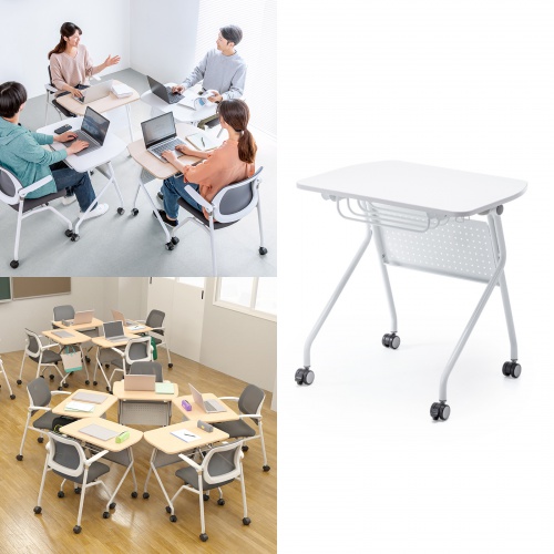 ミーティングテーブル（フォールディングデスク・アクティブラーニング・折りたたみデスク・幅73cm・幕板付き・キャスター付き・ホワイト）