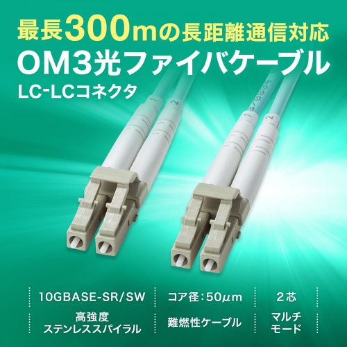 光ファイバケーブル（補強メガネ型・2芯・マルチモード・OM3・50μm・LC×2-LC×2・10ギガ・2m）