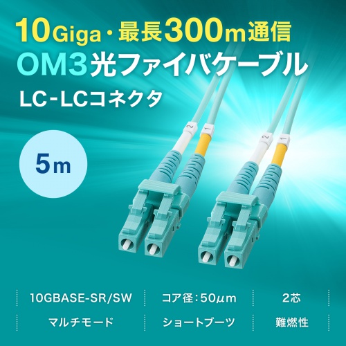 光ファイバケーブル（OM3・10GBASE-SR/SW規格・10Gbps・マルチモード・LC×2-LC×2・メガネ型・2芯・50μm・ショートブーツ・5m）