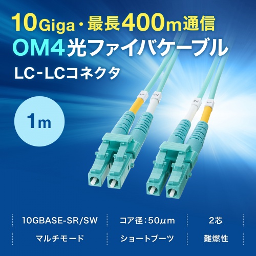 光ファイバケーブル（OM4・10GBASE-SR/SW規格・10Gbps・マルチモード・LC×2-LC×2・メガネ型・2芯・50μm・ショートブーツ・1m）