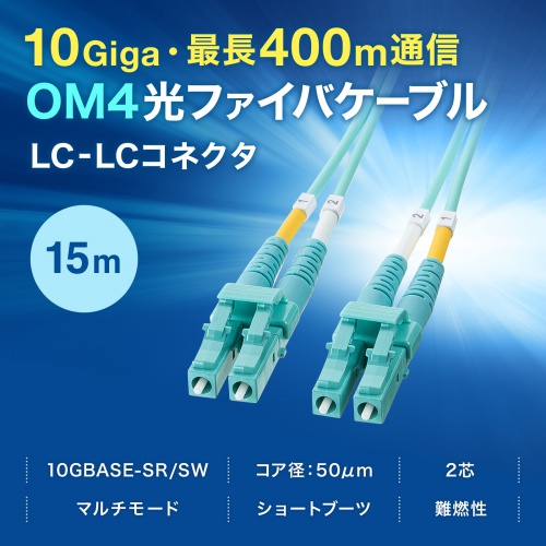 光ファイバケーブル（OM4・10GBASE-SR/SW規格・10Gbps・マルチモード・LC×2-LC×2・メガネ型・2芯・50μm・ショートブーツ・15m）