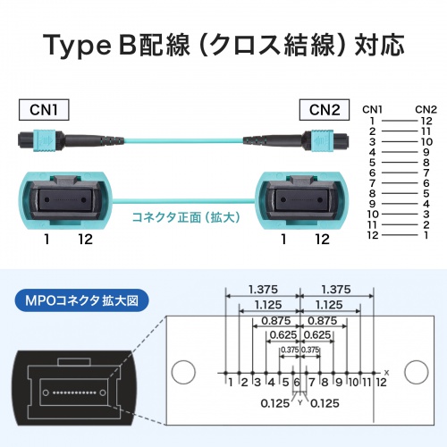 MPO光ファイバケーブル（マルチモード・50μm・OM3・MPO-MPO・12芯・B配線・5m）