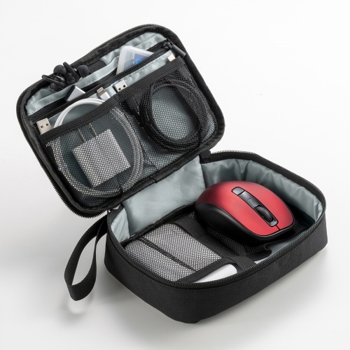 ガジェットポーチ（トラベルポーチ・旅行・海外旅行・出張・収納・整理・小物入れ・内寸18.5cm・奥行12.5cm・高さ4.5cm・ストラップ付・ブラック）