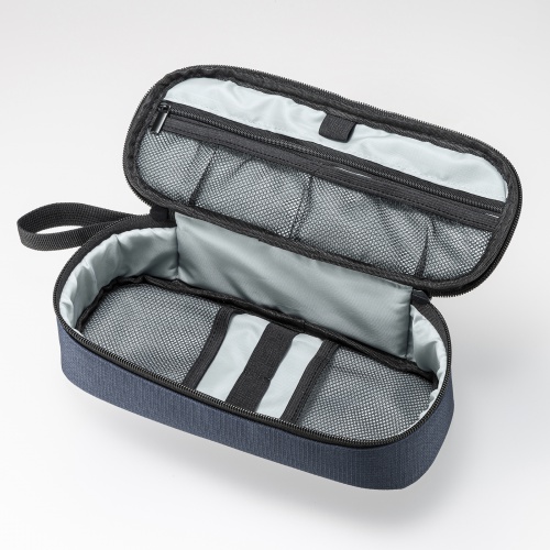 ガジェットポーチ（トラベルポーチ・旅行・海外旅行・出張・収納・整理・小物入れ・内寸23.5cm・奥行9cm・高さ5.5cm・ストラップ付・ネイビー）