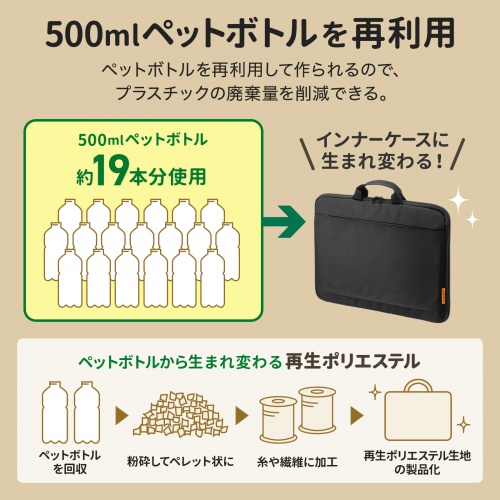 取っ手付きインナーケース（ノートパソコン・15.6インチワイド対応・リサイクルポリエステル使用・ブラック）