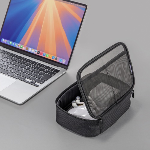 ガジェットケース（メッシュ・トラベルポーチ・モバイルバッテリー・PC周辺機器・ケーブル・整理・旅行・海外旅行・出張・収納・幅19×奥行13×高さ6.5cm・ブラック）
