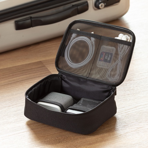 ガジェットケース（メッシュ・トラベルポーチ・モバイルバッテリー・PC周辺機器・ケーブル・整理・旅行・海外旅行・出張・収納・幅19×奥行13×高さ6.5cm・ブラック）