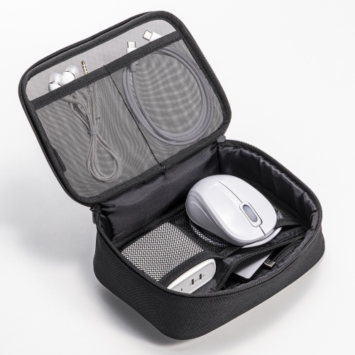 ガジェットケース（メッシュ・トラベルポーチ・モバイルバッテリー・PC周辺機器・ケーブル・整理・旅行・海外旅行・出張・収納・幅19×奥行13×高さ6.5cm・ブラック）