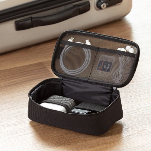 ガジェットケース（メッシュ・トラベルポーチ・モバイルバッテリー・PC周辺機器・ケーブル・整理・旅行・海外旅行・出張・収納・幅20.5×奥行10.5×高さ6.5cm・ブラック）