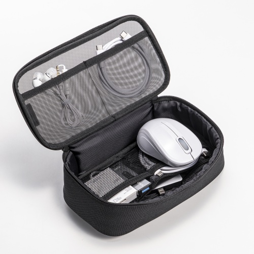 ガジェットケース（メッシュ・トラベルポーチ・モバイルバッテリー・PC周辺機器・ケーブル・整理・旅行・海外旅行・出張・収納・幅20.5×奥行10.5×高さ6.5cm・ブラック）