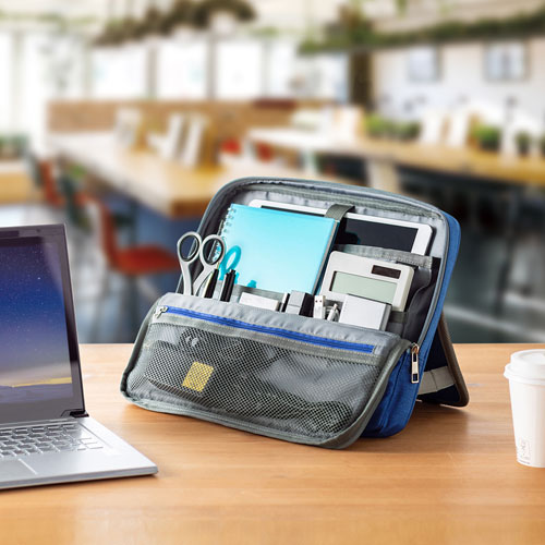 スタンドポーチ(バッグ・自立・テレワーク・小物入れ・卓上・アクセサリ/ガジェット収納・Lサイズ・ブルー)