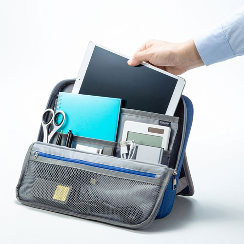 スタンドポーチ(バッグ・自立・テレワーク・小物入れ・卓上・アクセサリ/ガジェット収納・Lサイズ・ブルー)